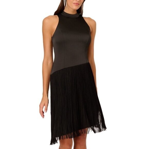 Liv Foster Mock Neck Sleeveless Midi Asymmetrical Fringe Crepe Dress Size 8 New - Picture 9 of 16